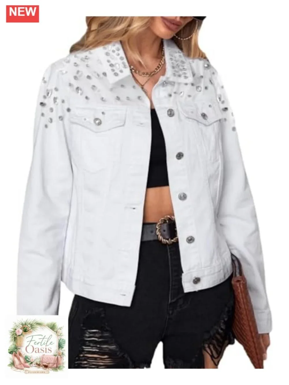 Embellished Rhinestone Denim Jacket Women Oversized Western Trucker Button Down
